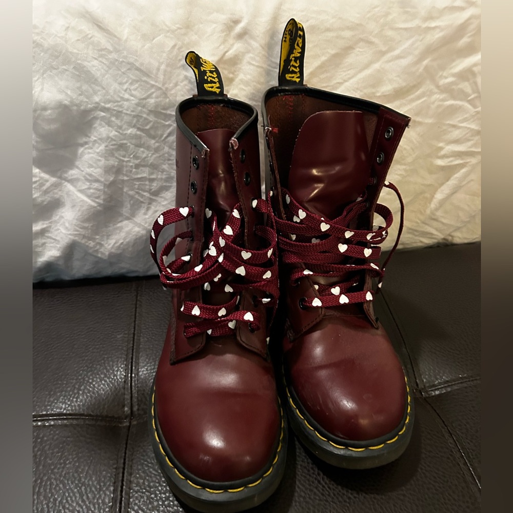 Super cute maroon Dr. Marten boots with matching heart laces. Worn a few times.